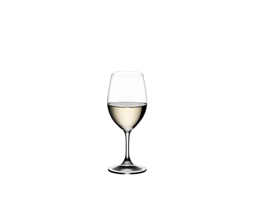 Riedel Ouverture white wine glass with clear crystal design filled with white wine