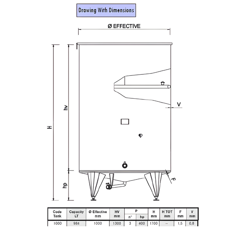 Marchisio Variable Capacity Tanks, Pneumatic Floater, Conical Bottom, Model SPACTR, Welded Legs, Stainless Steel (AISI 304), Cooling Jacket, Round Manway Model SPACTR1000TRINSI-MAN (1,000liter), Ø 1,000 mm
