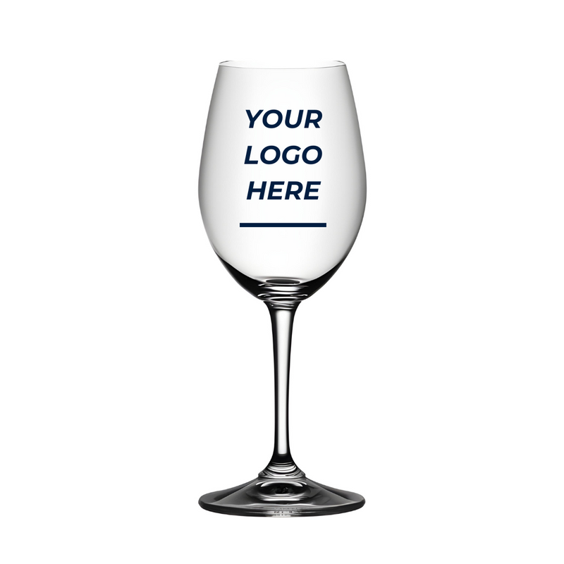 Riedel Degustazione 12oz white wine glass with customizable logo, high-quality crystal, stemmed design, 8-inch height.