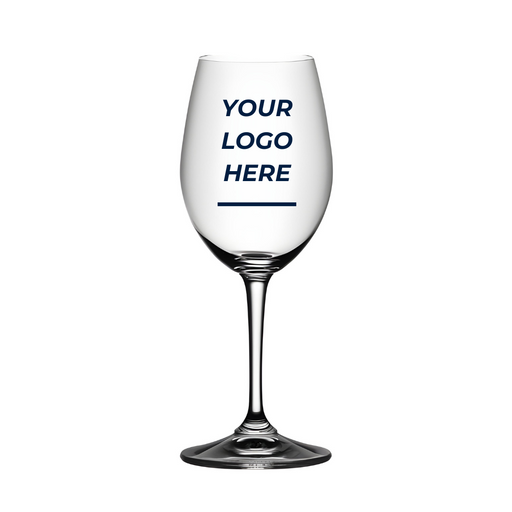 Riedel Degustazione 12oz white wine glass with customizable logo, high-quality crystal, stemmed design, 8-inch height.