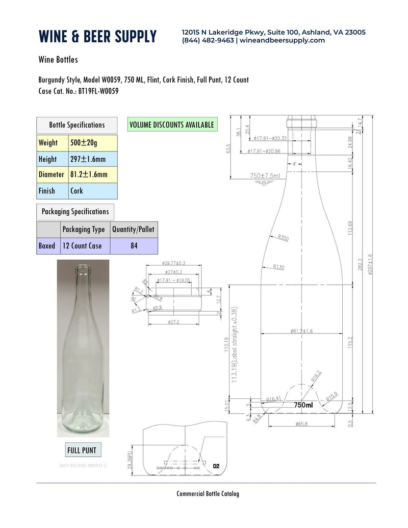 750ml Burgundy With Punt 19-W0059(WAUC), Flint, Cork (Case of 12)