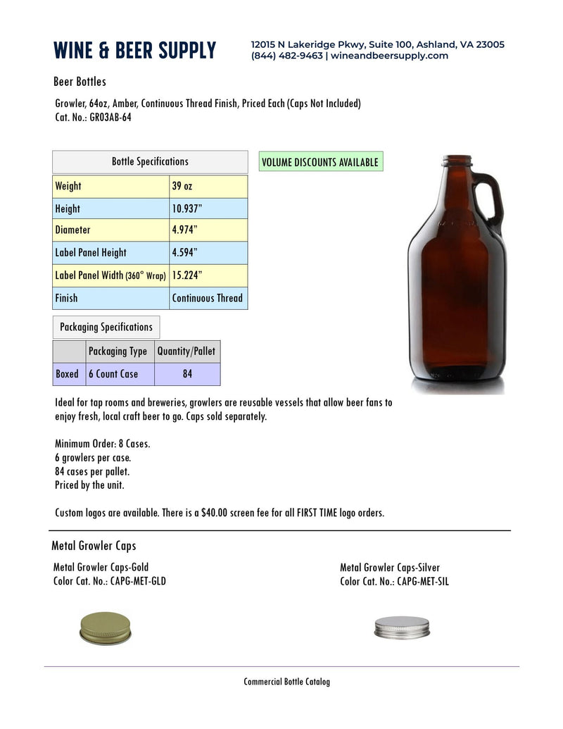 Growler 64oz- Amber Glass Beer Bottles (Pallet of 48 Growlers)