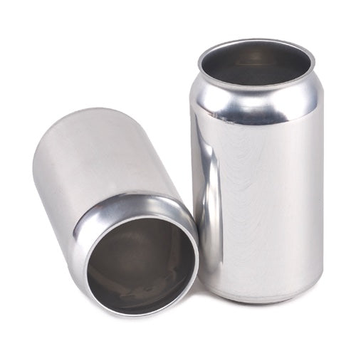 Two empty 12oz brite beer cans made of premium aluminum for craft beer packaging