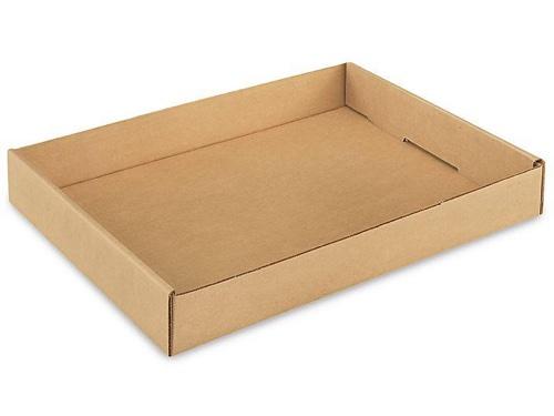 Brown cardboard sleek beer can tray with 2.5-inch sidewalls, fits 24 sleek 12oz cans, no handles.