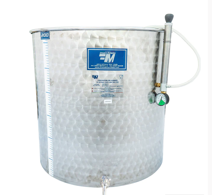 250L Marchisio stainless steel wine fermentation tank with variable capacity, short style design, 3/4" spigot, and floating lid system