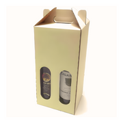 White cardboard four bottle wine carrier with handle and window cutouts displaying wine bottles