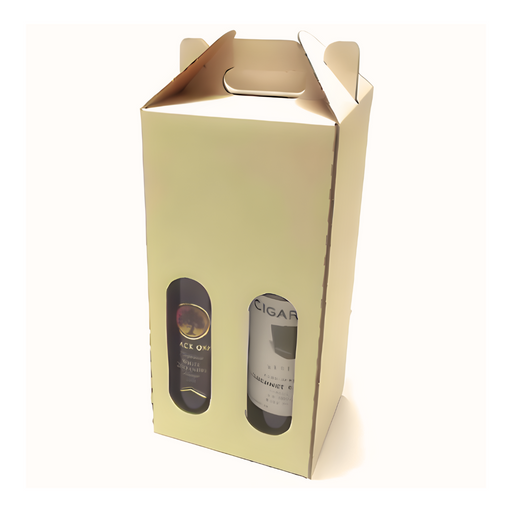 White cardboard four bottle wine carrier with handle and window cutouts displaying wine bottles