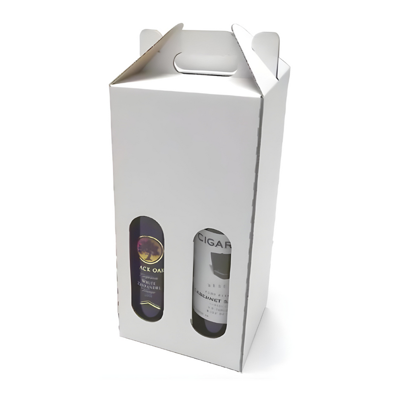 White cardboard four bottle wine carrier with handle and two visible wine bottles