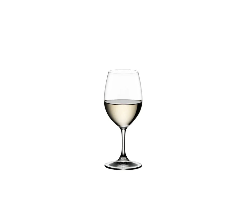 Riedel Ouverture white wine glass with clear crystal design filled with white wine