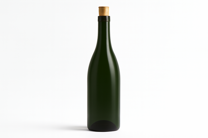 750ml champagne green hock wine bottles with cork finish and slender neck on white background