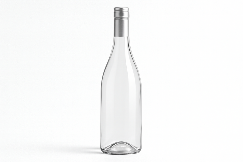 Clear 750ml hock wine bottles with screwcap and slender neck design on white background