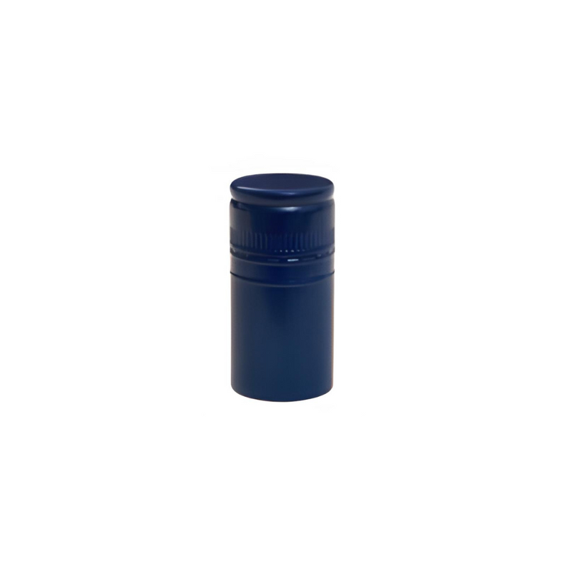 Blue aluminum wine bottle screw caps with ribbed grip and smooth top, sized 60mm x 30mm for secure sealing.