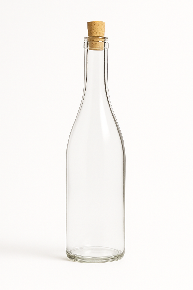 Clear flint glass Hock wine bottle 750ml with traditional cork closure and tall slender profile