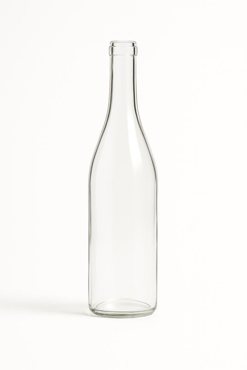 Clear flint glass Hock wine bottle 750ml with traditional cork closure and tall slender profile