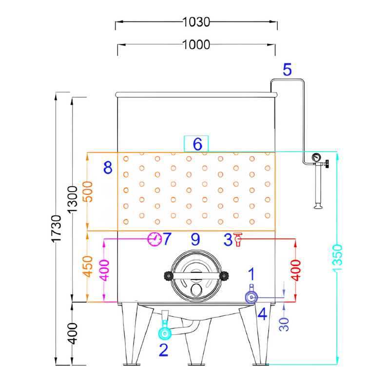 Marchisio Variable Capacity Tanks, Pneumatic Floater, Conical Bottom, Model SPACTR, Welded Legs, Stainless Steel (AISI 304), Cooling Jacket, Round Manway Model SPACTR1000TRINSI-MAN (1,000liter), Ø 1,000 mm
