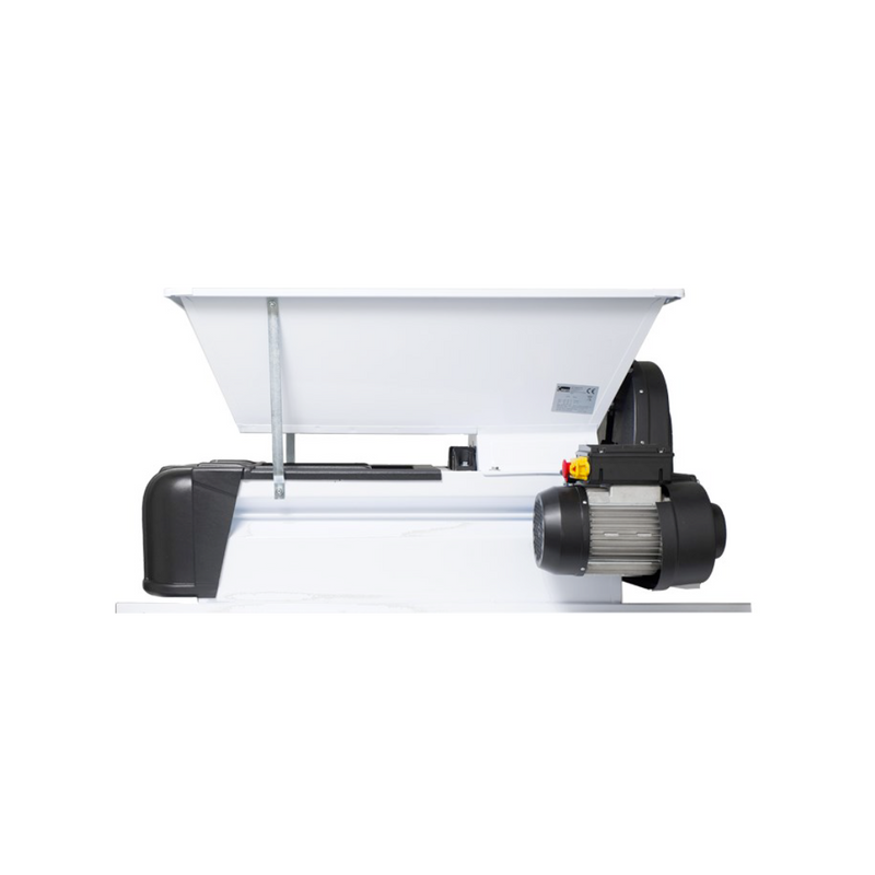 Grifo motorized grape crusher and destemmer with painted steel hopper and body, 110V electric motor, white and black design.