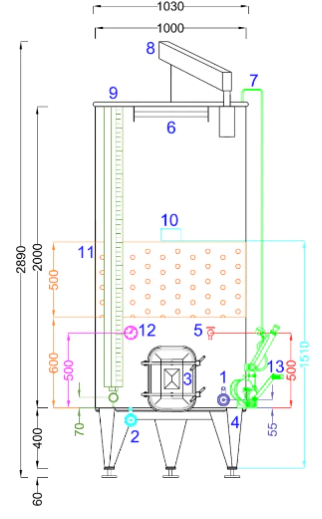 Marchisio Variable Capacity Tank, Sloped Bottom, Model SPAIPTR1500, Welded Legs, Cooling Jacket, And Rectangular Manway