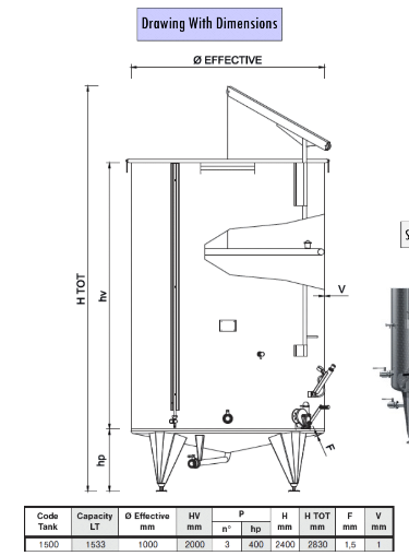 Marchisio Variable Capacity Tank, Conical Bottom, Model SPACTR1500, Welded Legs, Cooling Jacket, And Round Manway