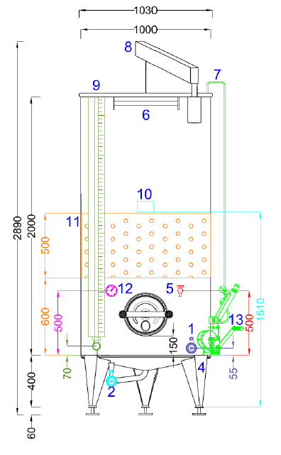 Marchisio Variable Capacity Tank, Conical Bottom, Model SPACTR1500, Welded Legs, Cooling Jacket, And Round Manway