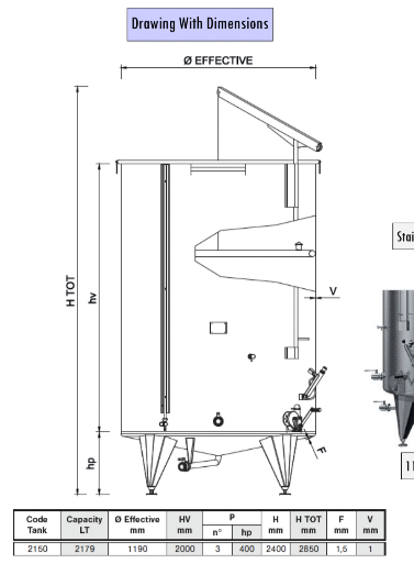 Marchisio Variable Capacity Tank, Conical Bottom, Model SPACTR2150, Welded Legs, Cooling Jacket, And Oval Manway