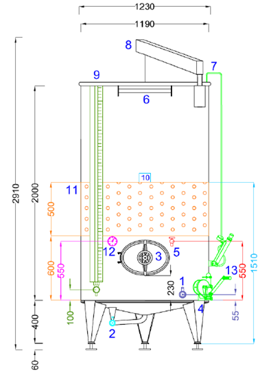 Marchisio Variable Capacity Tank, Conical Bottom, Model SPACTR2150, Welded Legs, Cooling Jacket, And Oval Manway