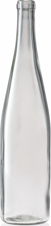 Clear 750ml hock wine bottles with cork finish made of flint glass, tall slender design for white wine, sold in bulk pallets.