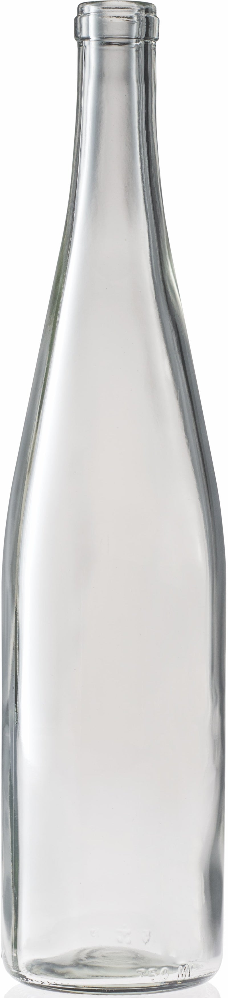 Clear 750ml hock wine bottles with cork finish made of flint glass, tall slender design for white wine, sold in bulk pallets.
