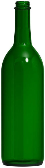 Green 750ml Bordeaux wine bottle with screwcap and no punt, tall curved shoulder design