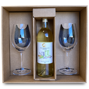 Wine gift box with one bottle of white wine and two wine glasses in Kraft packaging