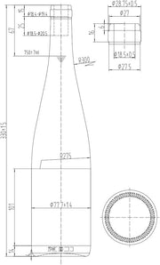 Technical drawing of a 750ml clear flint glass hock wine bottles with cork finish and detailed dimensions.