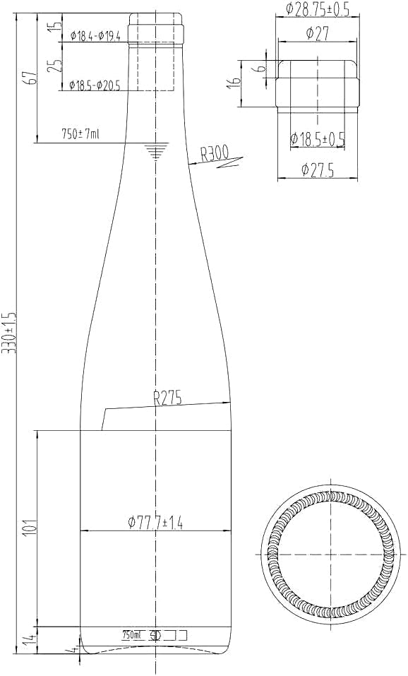 Technical drawing of a 750ml clear flint glass hock wine bottles with cork finish and detailed dimensions.