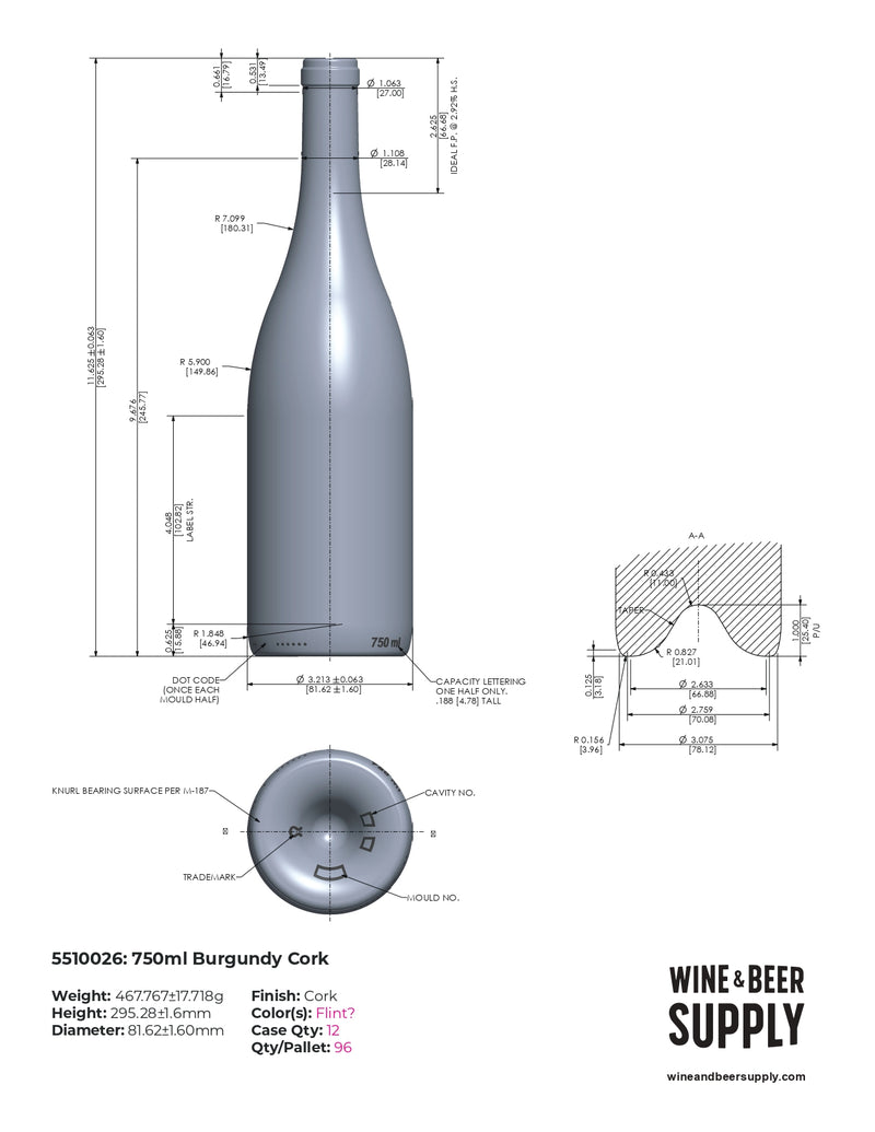 750ml Burgundy Wine Bottle, W137, Antique Green, Cork (case of 12)