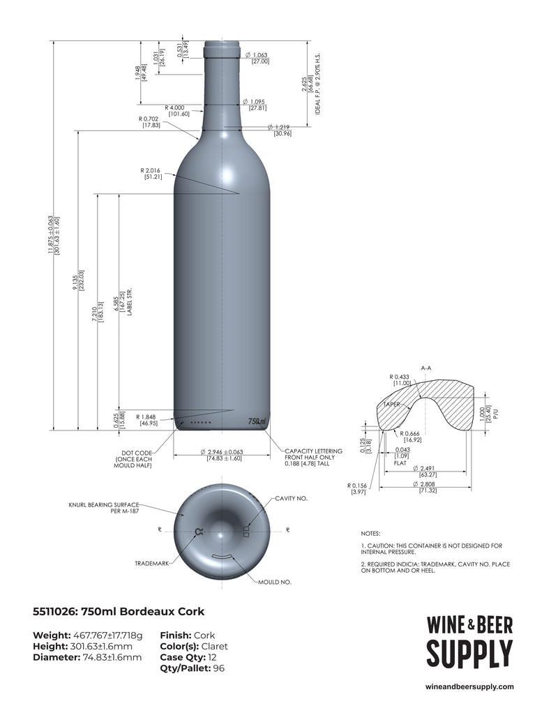 750ml Bordeaux Wine Bottle, W65, Antique Green, Cork (case of 12)