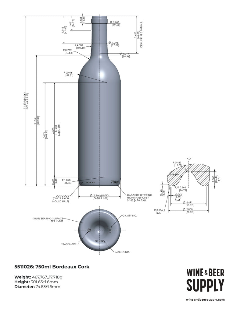 750ml Bordeaux Wine Bottle, W65, Flint, Cork (case of 12)
