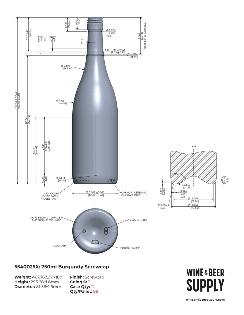 750ml Burgundy Wine Bottle, 5540X, Flint, Screwcap (case of 12)