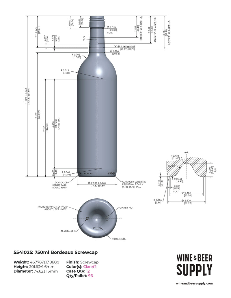 750ml Bordeaux Wine Bottle, W65, Flint, Screwcap (case of 12)