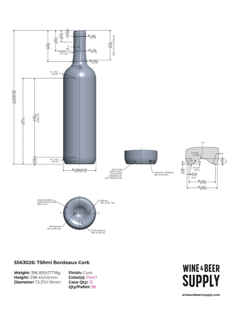 750ml Bordeaux Wine Bottle, WRT, Antique Green, Cork (case of 12)