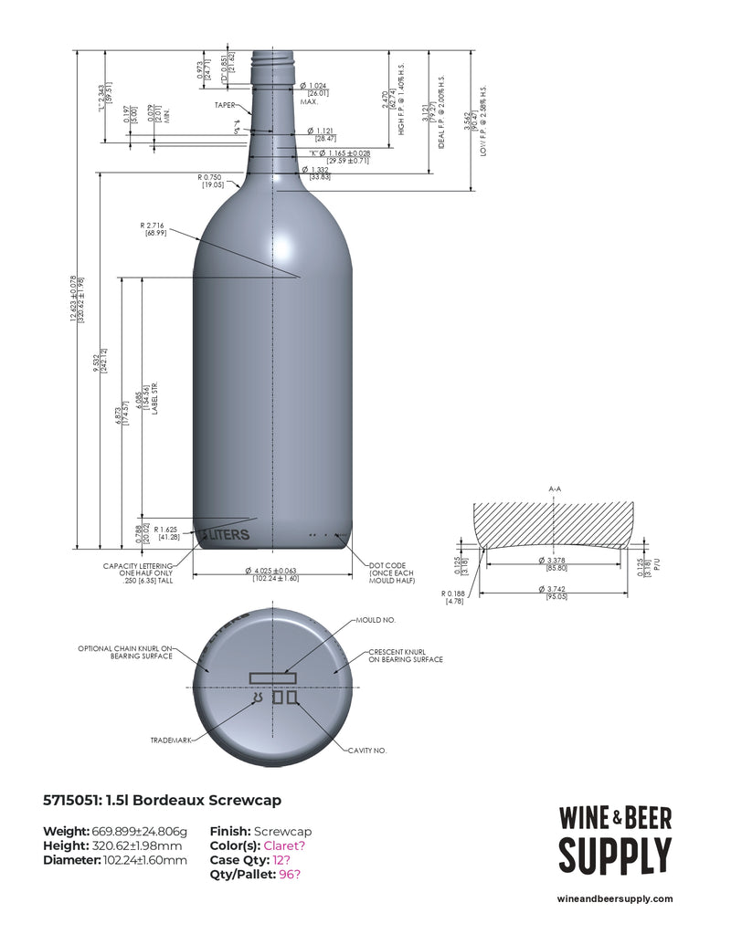 1.5L Bordeaux Wine Bottle, 5715CG, Champagne Green, Screwcap (case of 6)