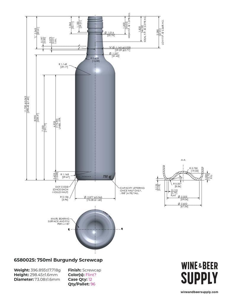 750ml Bordeaux Wine Bottle, WRT, Champagne Green, Screwcap (case of 12)