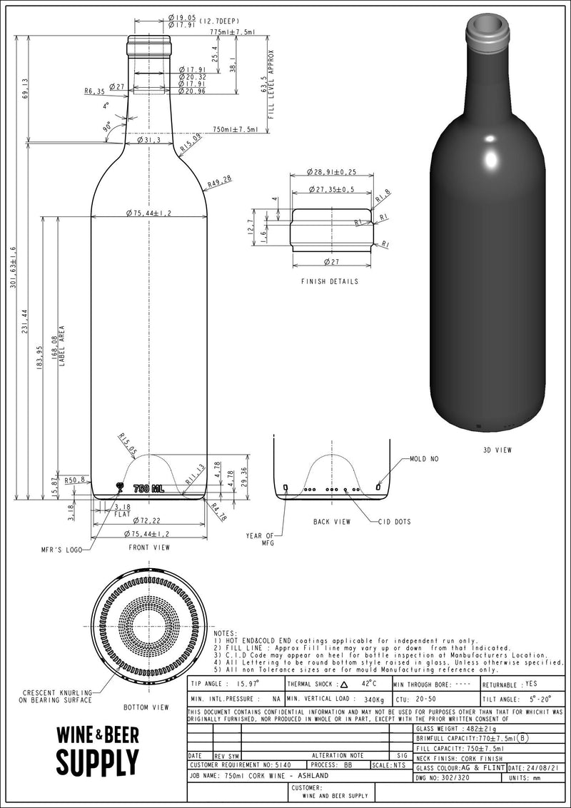 750ml Bordeaux With Punt, Antique Green, Cork, 103-W65 (case of 12)