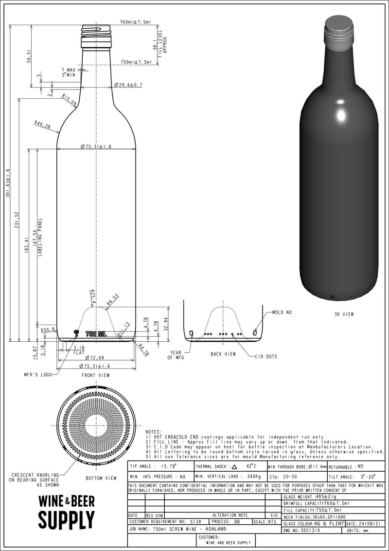 750ml Bordeaux Wine Bottle - Champagne Green, Screwcap Finish, 03-W65