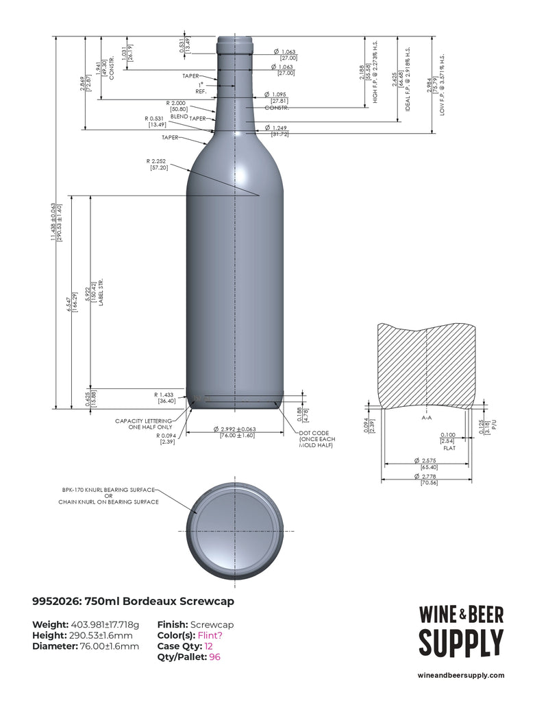 750ml Bordeaux Wine Bottle, W5, Flint, Cork (case of 12)