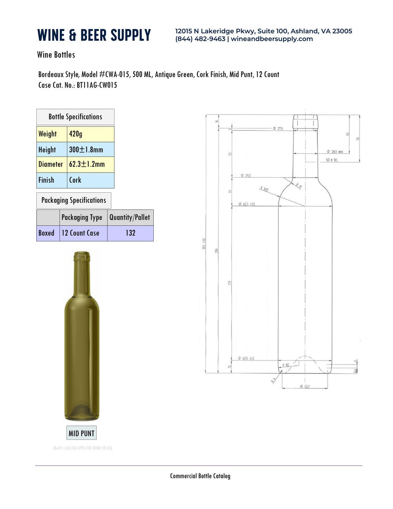 500ml Bordeaux With Punt, Antique Green, Cork 11-CWA-015  (Case of 12)