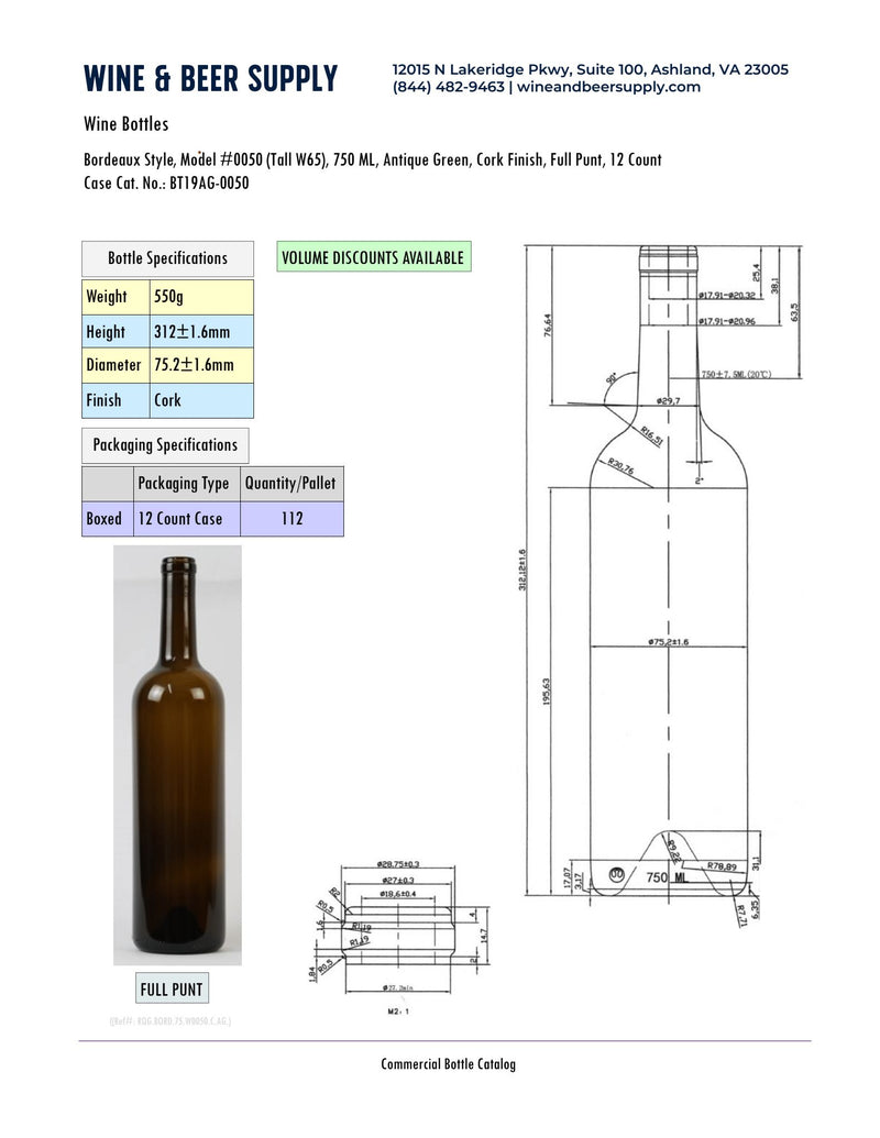 750ml Bordeaux With Punt, Antique Green, Cork, 19-0050 (Tall W65) (case of 12)
