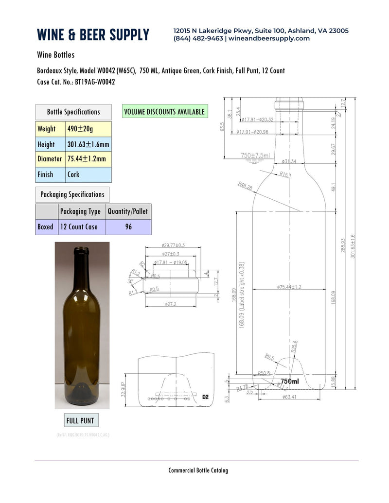750ml Bordeaux With Punt, Antique Green, Cork, 19-W0042 (W65C) (case of 12)