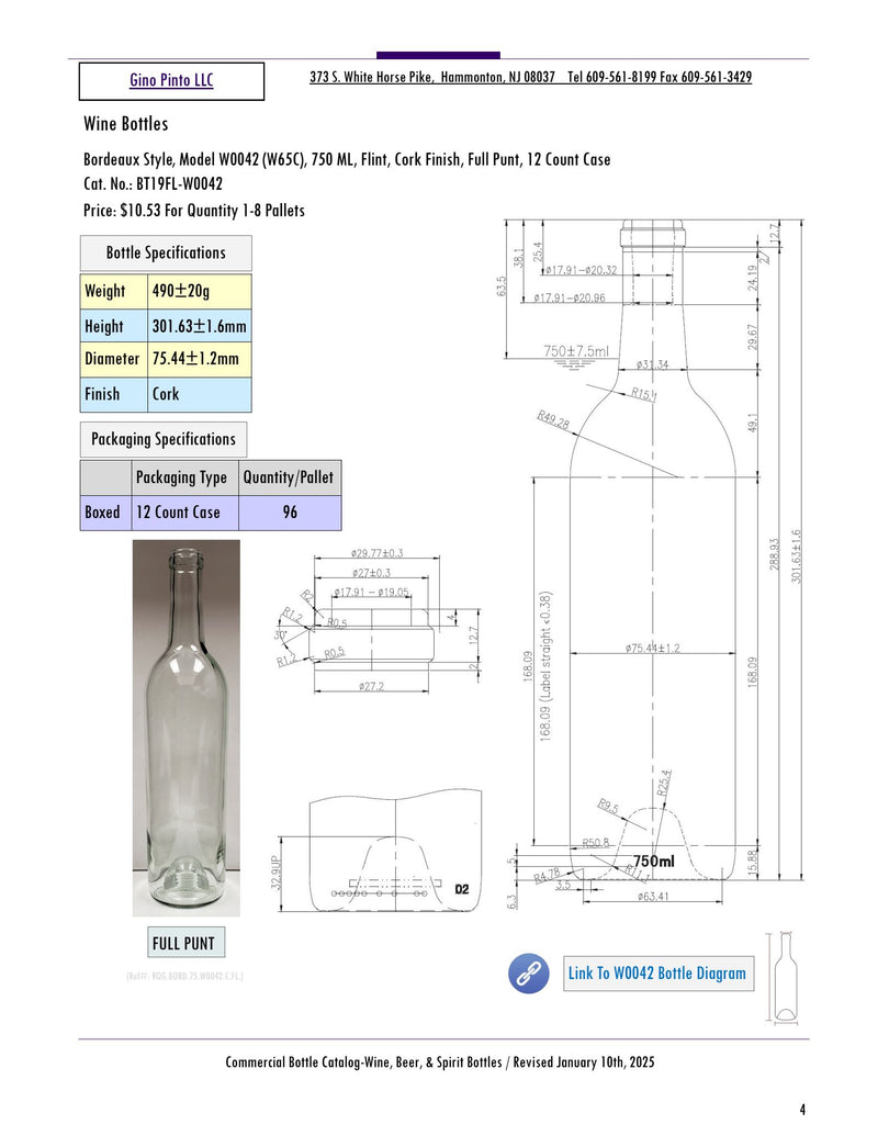 750ml Bordeaux With Punt, Flint, Cork, 19-W0042 (W65C) (case of 12)