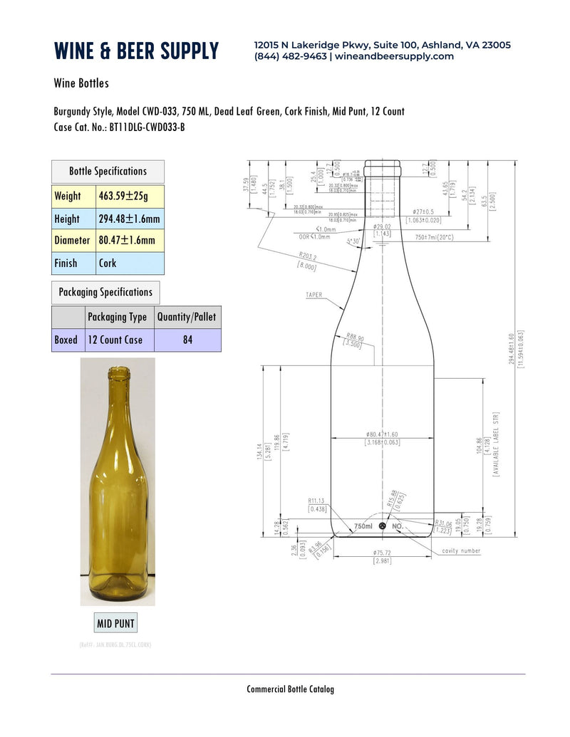 Burgundy Wine Bottles - 750ml Dead Leaf Green with Cork (Pallet of 84 Cases)