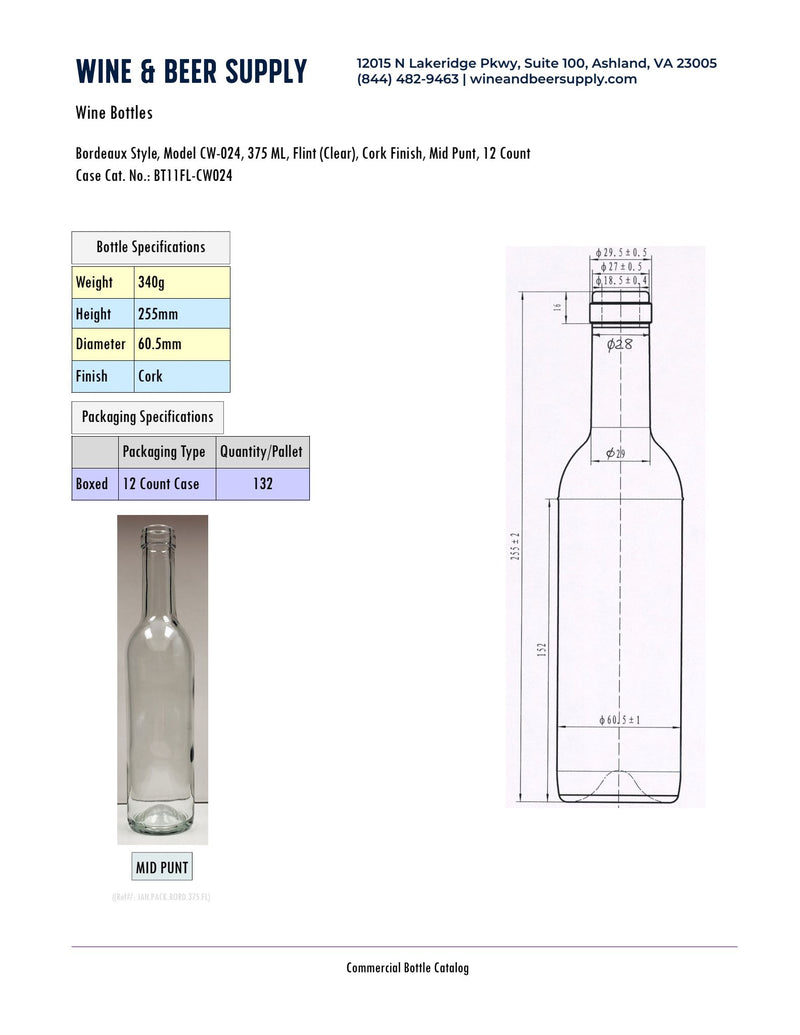 375ml Bordeaux With Punt, Flint, Cork 11-CW024 (Case of 12)