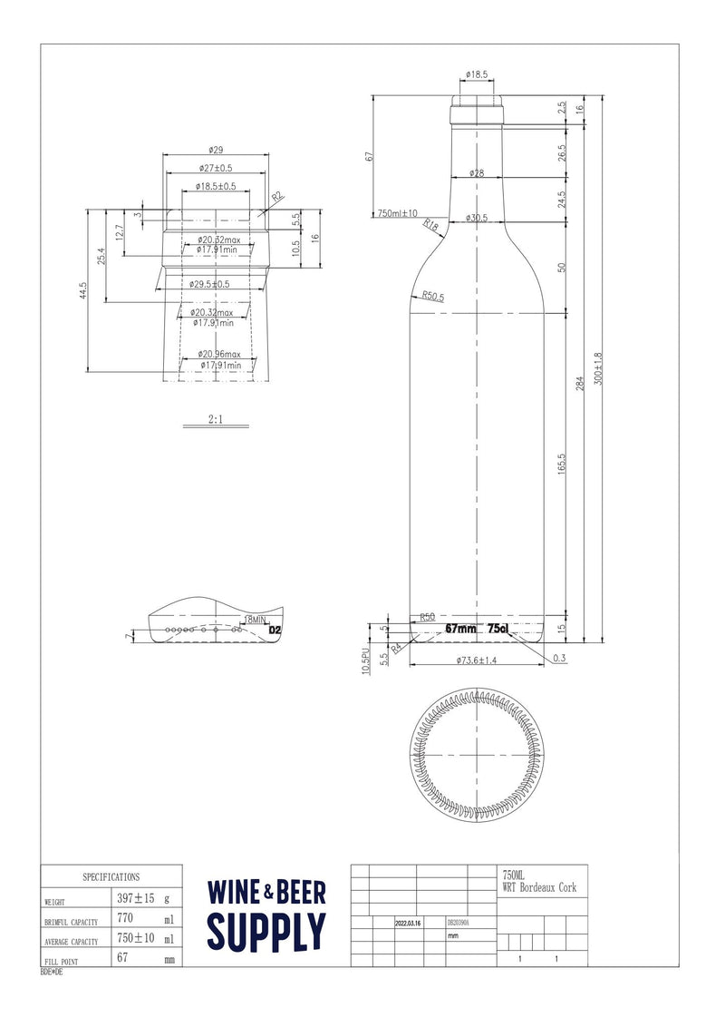 750ml Bordeaux Wine Bottle - Champagne Green, Cork Finish, Mid Punt (WRT