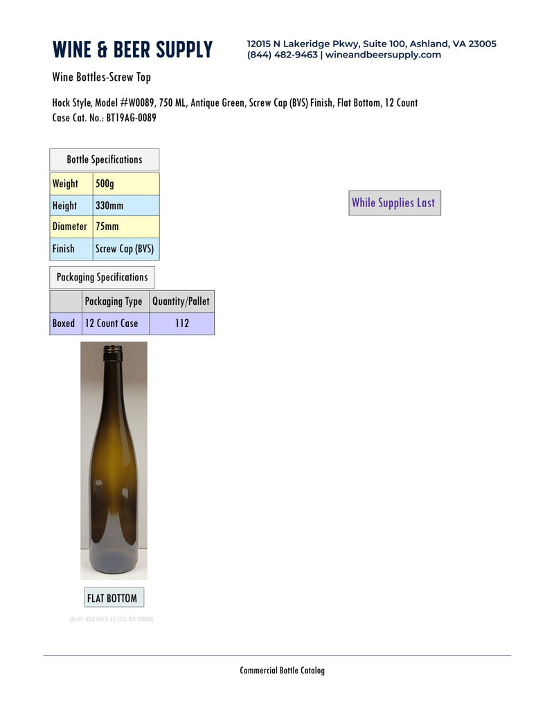 Hock Wine Bottle - 750ml Antique Green with Screwcap (Pallet of 112 Cases)